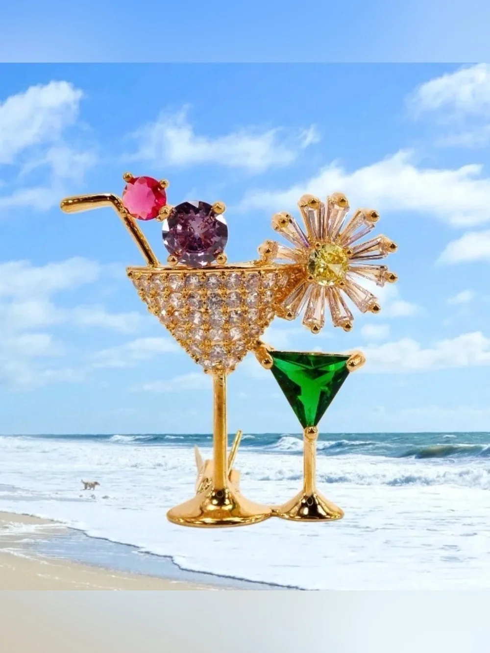 Martini Crystal Brooch Pin Colorful CZ Cocktail Jewelry Gold Plated New